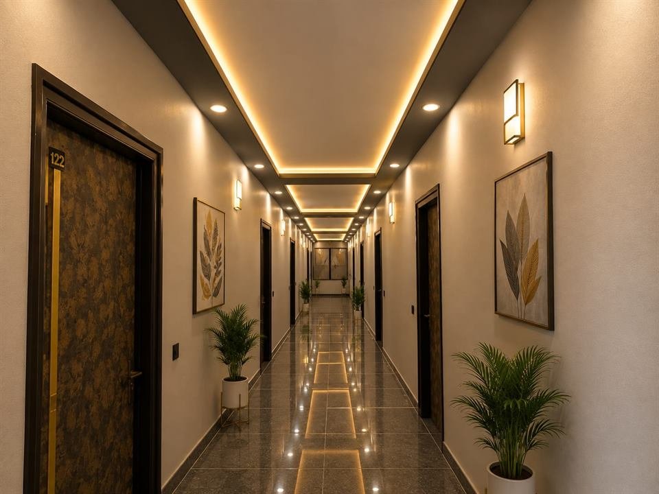 Hotel corridor with cove lighting, artwork and plants