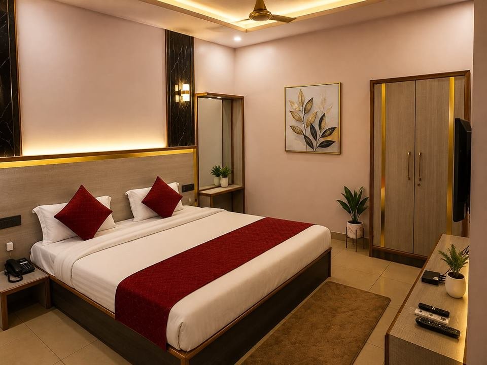 Guest room with king bed, red cushions and gold-trimmed wardrobe